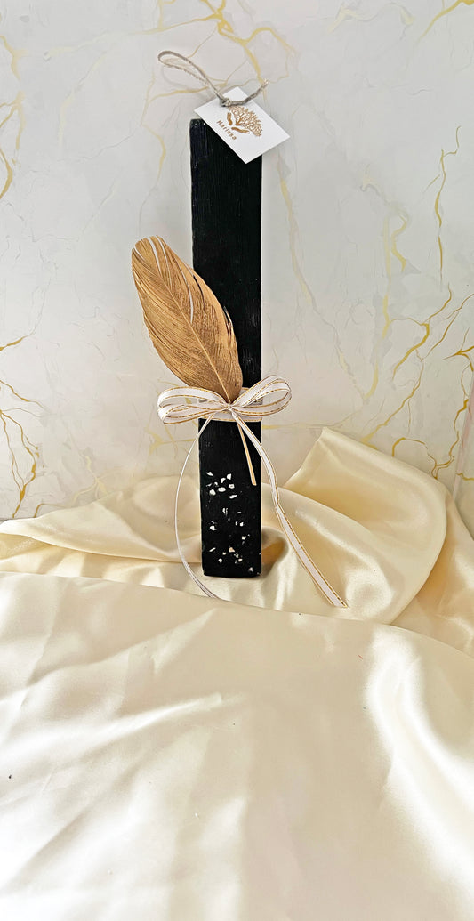 Μαύρη Πασχαλινή Λαμπάδα | Εκλεπτυσμένη Χειροποίητη Φυτική με Χρυσό Φτερό