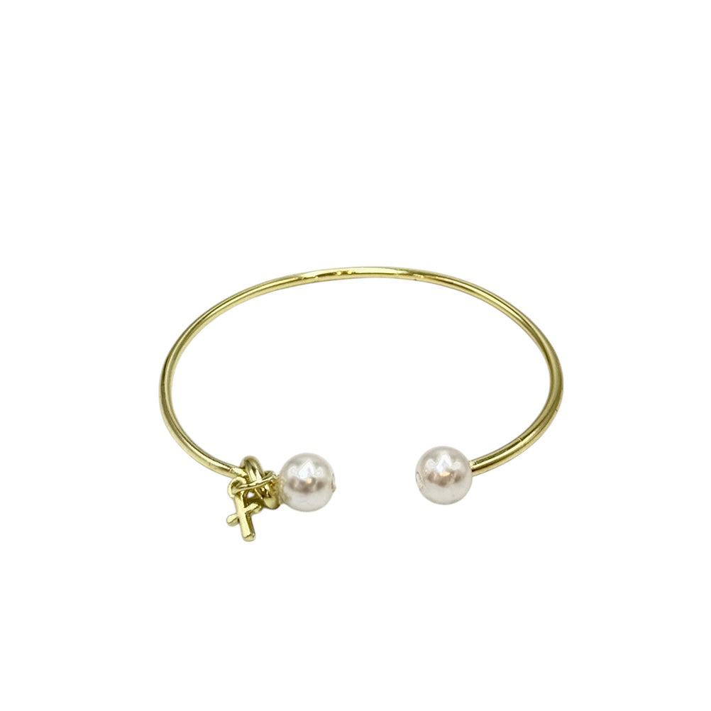 Μαρτυρικό Βάπτισης "Golden Pearl Cross" – Χρυσή Χειροπέδα με Πέρλες & Σταυρουδάκι