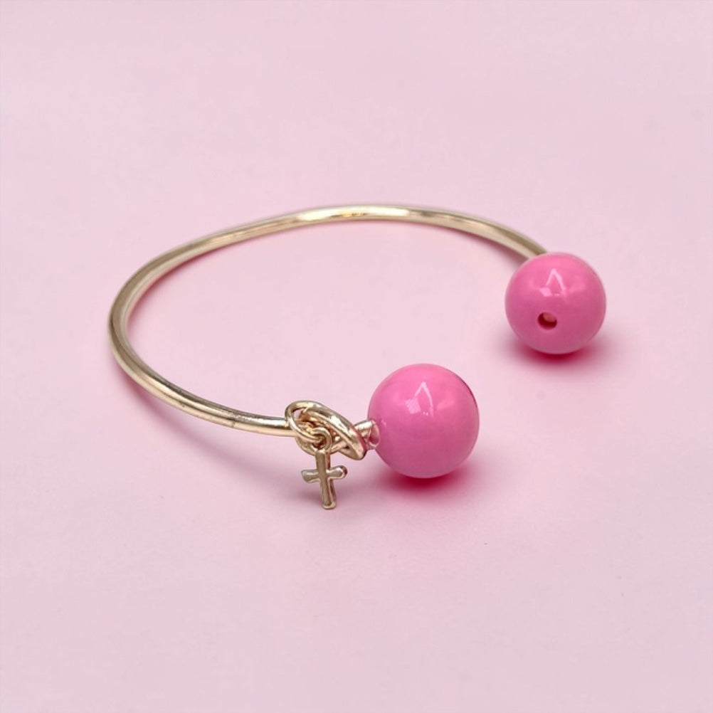 Μαρτυρικό Βάπτισης "Rosé Pearl Cross" – Χειροπέδα με Ροζ Πέρλες & Σταυρουδάκι