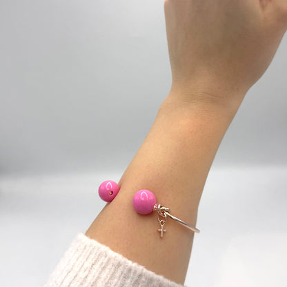 Μαρτυρικό Βάπτισης "Rosé Pearl Cross" – Χειροπέδα με Ροζ Πέρλες & Σταυρουδάκι