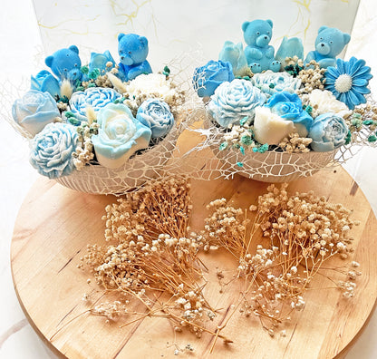 Αρωματική Κέρινη Σύνθεση “Blue Teddy Dream” – Luxury Δώρο για Νονό/Νονά, Baby Shower & Νεογέννητο