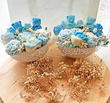 Αρωματική Κέρινη Σύνθεση “Blue Teddy Dream” – Luxury Δώρο για Νονό/Νονά, Baby Shower & Νεογέννητο